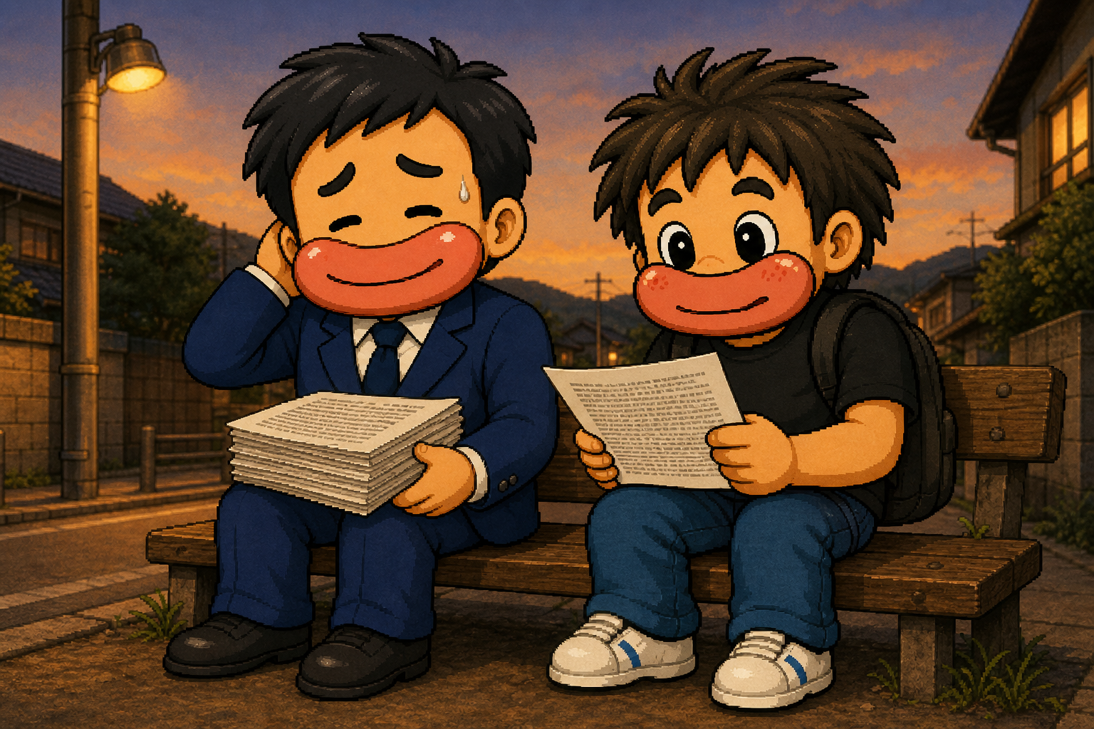 ベンチで、文字がぎっしり詰まった紙のレポートの束を見せるフクイさん
