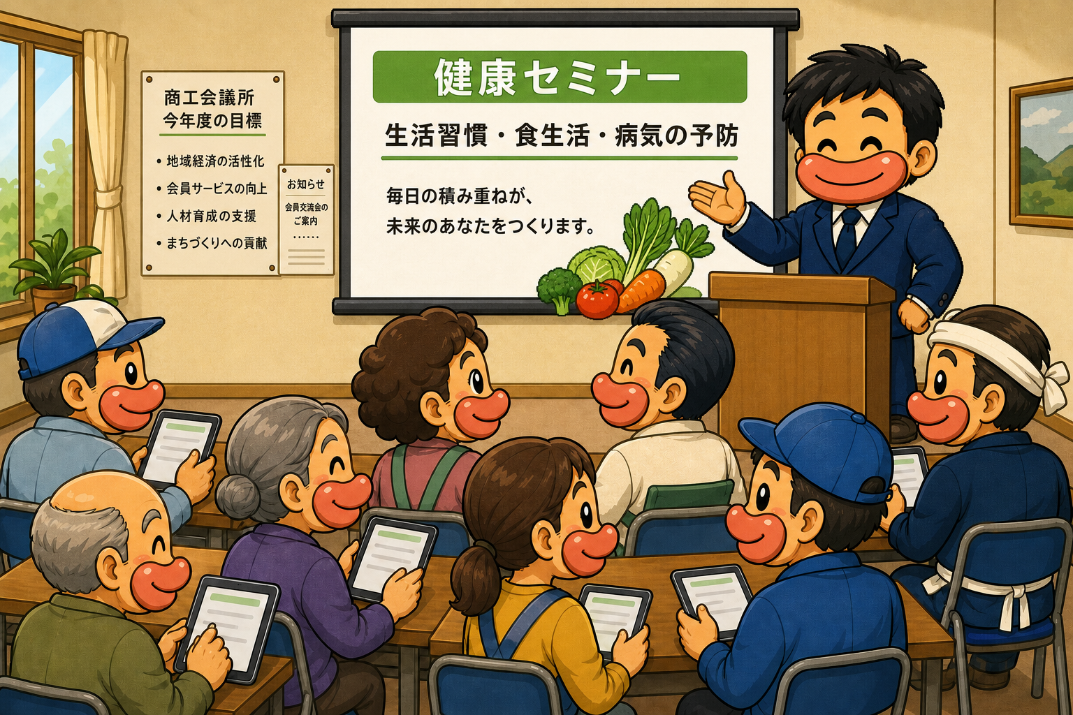 商工会のセミナー会場。参加者がそれぞれタブレットを見ながら、フクイさんの健康セミナーを聞いている