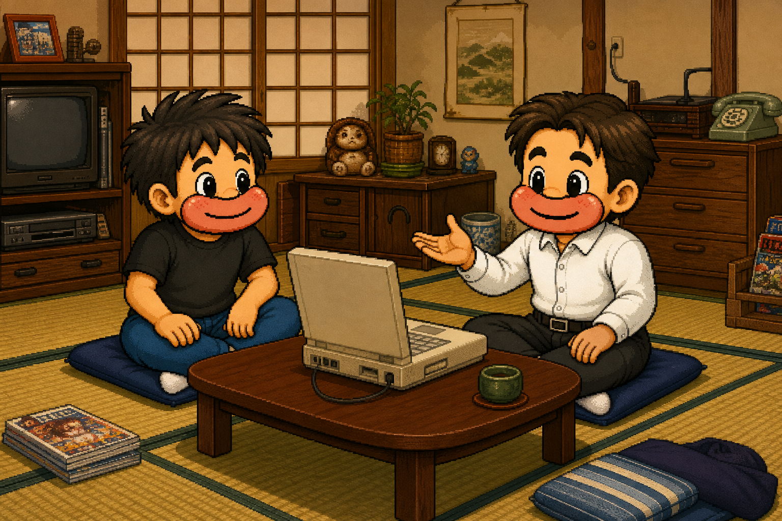畳の部屋でWordPressについて教える山くんと聞くニッシー