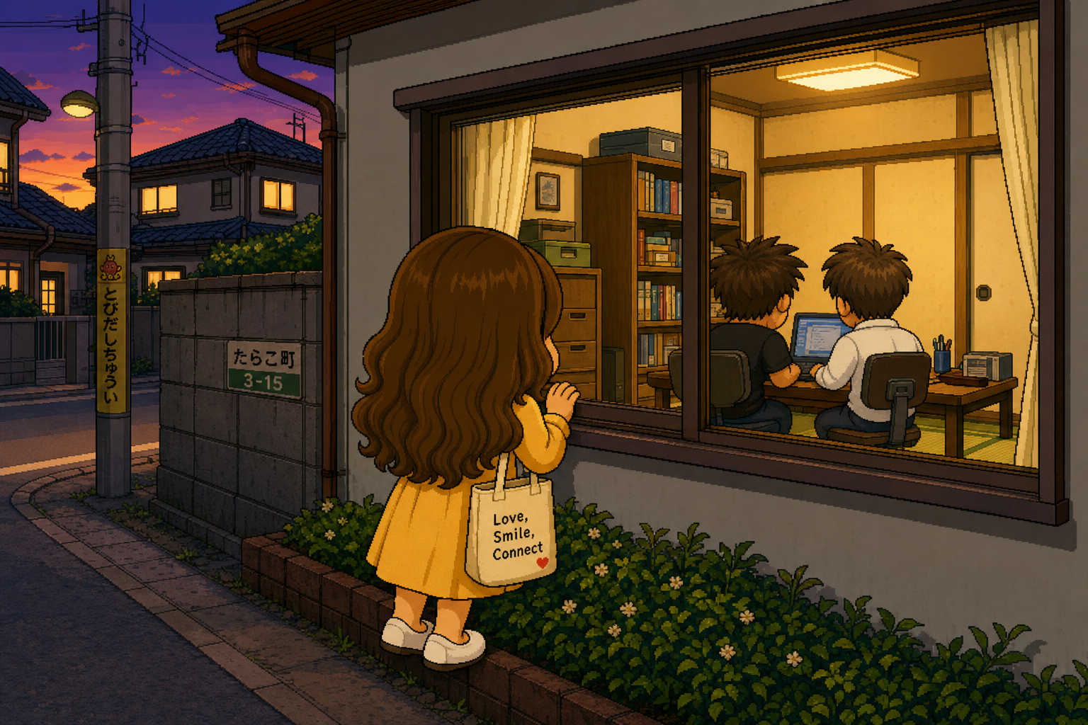 窓の外から、謎の女の子（エミリー）が室内の二人を覗いている（後ろ姿）