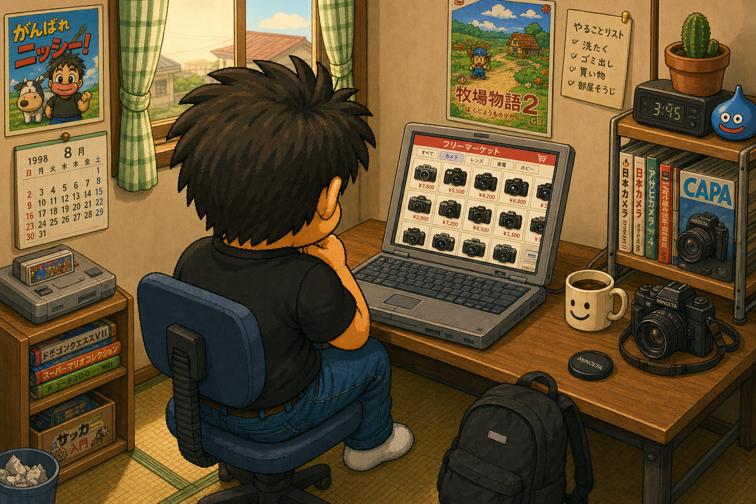ニッシーが自室のノートPCで自分のメルカリのカメラ一覧を眺めている（後ろ姿）