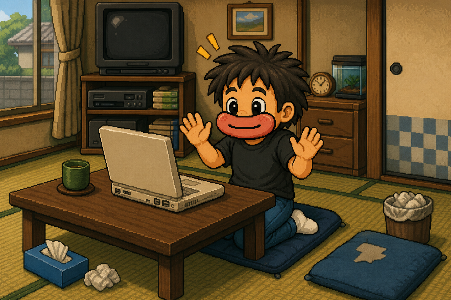 WordPressを入れ終えて、思わず両手をあげるニッシー