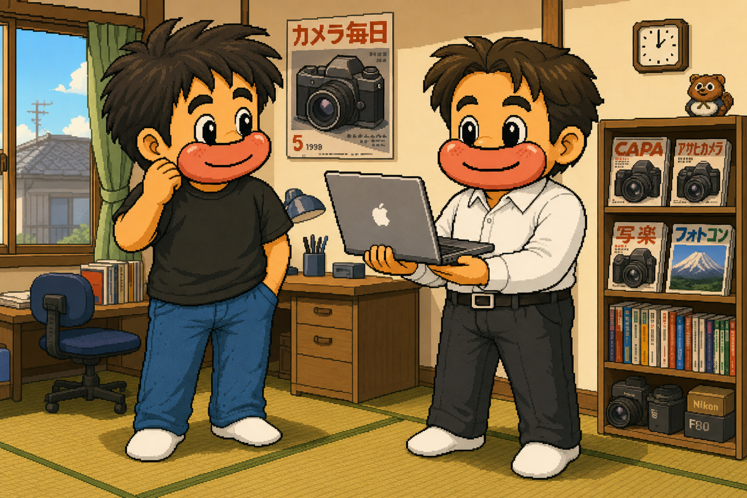 山くんが得意げにノートPCを見せ、ニッシーが応じる