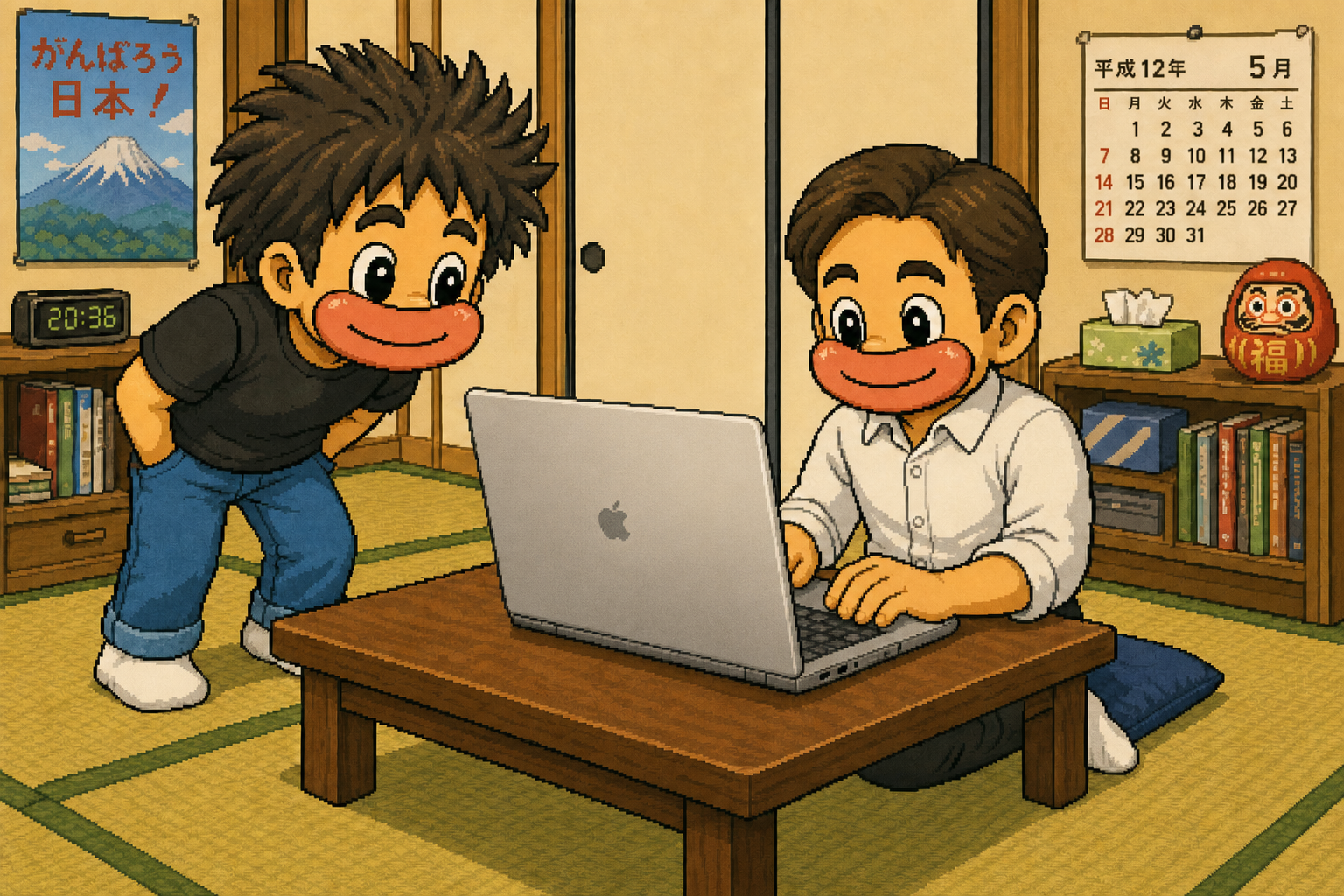 山くんがノートPCに入力し、ニッシーが横から覗き込む