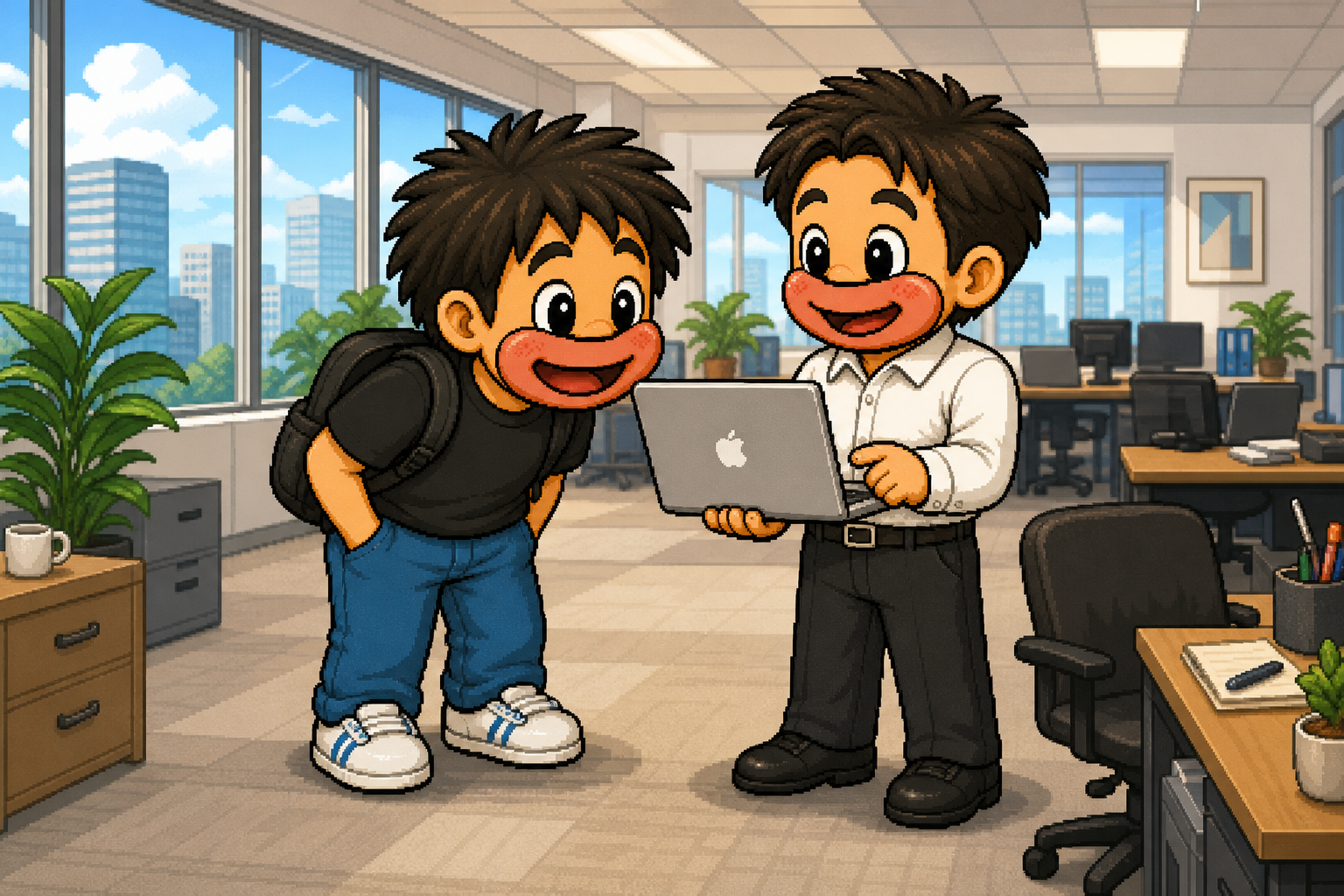 オフィスでMacBookの画面を見せる山くんと、驚くニッシー