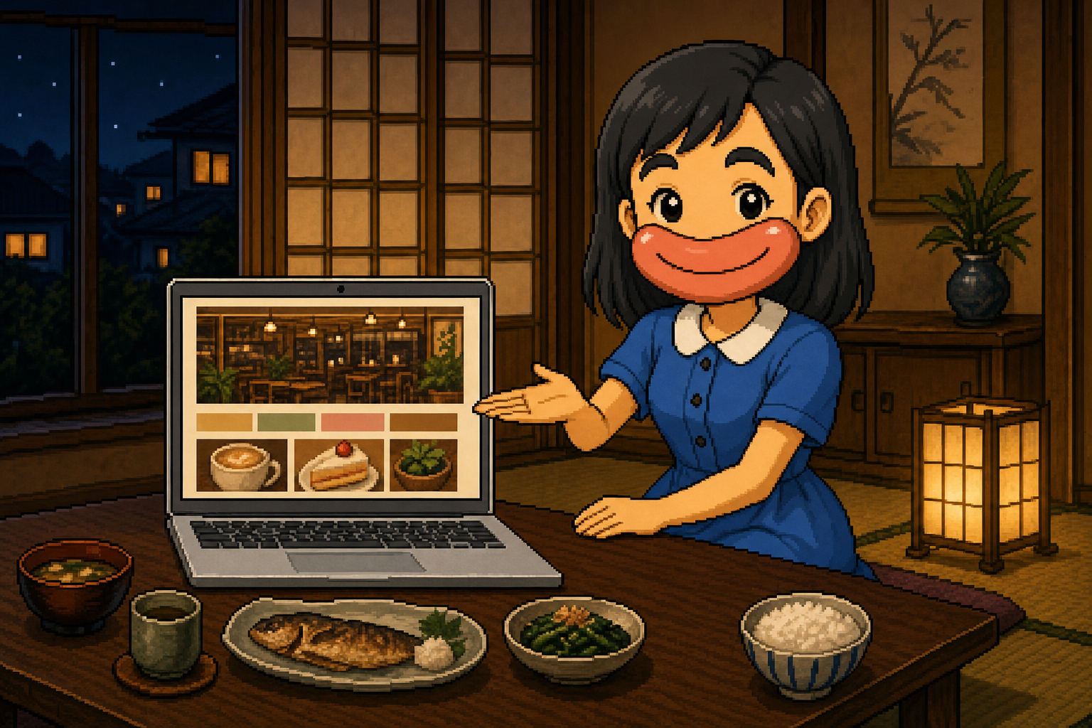 ケイちゃんがノートパソコンでカフェのホームページを見せる