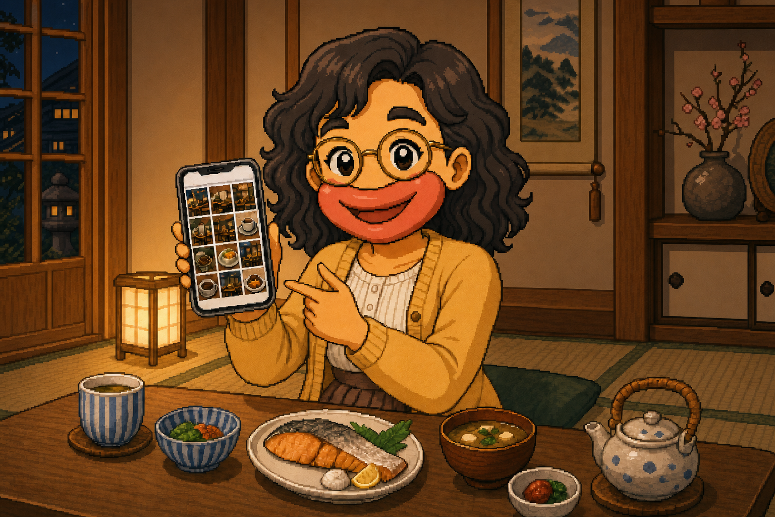 モエモエがけいたいの画面でお店の写真を見せる