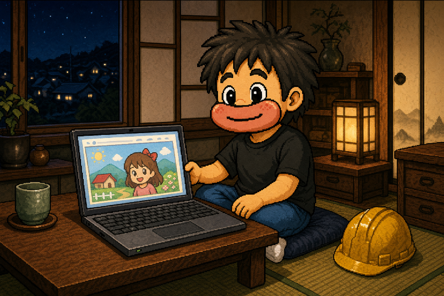 ニッシーが古いノートパソコンで自作のアニメ調ページを見せる。横にヘルメット