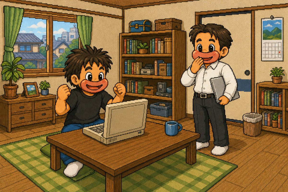 ノートパソコンの前でガッツポーズするニッシーと、横で笑いをこらえる山くん