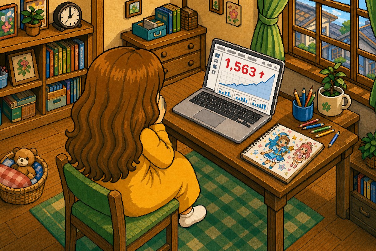 アクセス解析の画面に赤く表示された1,563を、肩ごしに見つめるエミリー