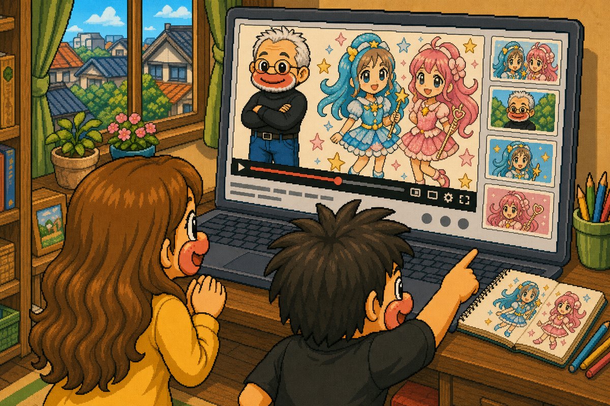 動画サイトの画面でエミリーの魔法少女の絵を紹介するスティーブたらこを、身を乗り出して見るエミリーとニッシー